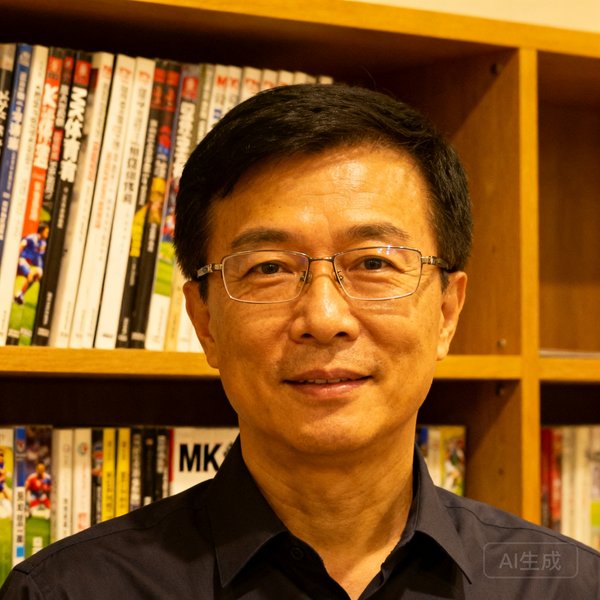 MK体育创始人林建明半身像，戴着眼镜、穿着深色衬衫，背景是书架上排列的体育杂志合订本